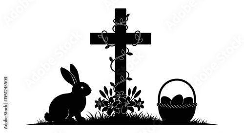 Easter bunny silhouette with cross and basket vector