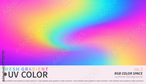 Abstract holographic mesh gradient background. Vibrant liquid UV neon colors with wavy blur for modern summer poster, web banner and trendy fluid design.
