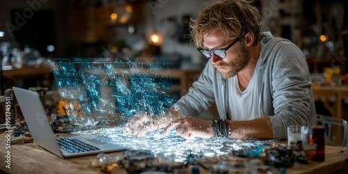 Man interacting with futuristic holographic interface at desk with laptop, working on digital data and technology