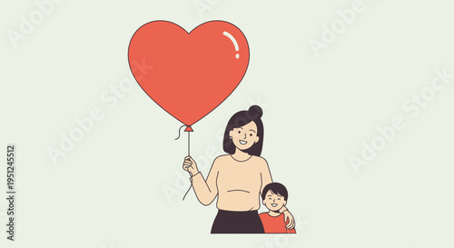 Mother and Son with Large Red Heart Balloon, Concept of Love, Family Bonding and Parental Care Illustration