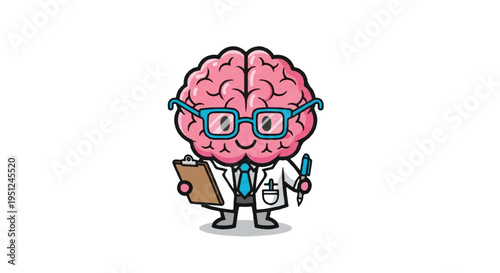 Cartoon brain doctor holding clipboard and pen isolated on white