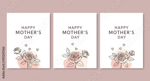 Set of 3 Minimalist Happy Mother's Day Greeting Cards with Elegant Rose Floral Line Art and Pastel Pink Hearts on White Background
