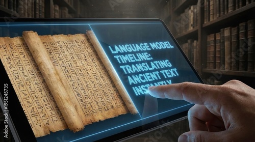 Hand translating ancient text with AI language model timeline on tablet screen