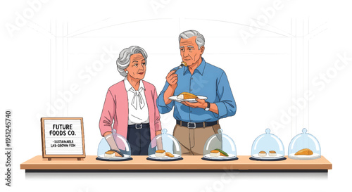 Elderly couple choosing food at a buffet table with glass covers