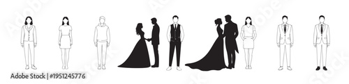Collection of wedding and casual people icons in black outline and silhouette