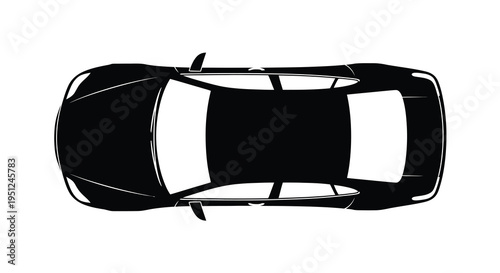 A minimalist top down silhouette of a modern passenger car rendered in stark black and white high quality professional detailed