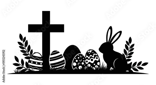 Easter vector silhouette with cross, eggs and bunny