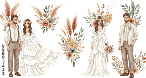 Boho Wedding Couple Illustration Set with Floral Arrangements, Elegant Bride and Groom Characters in Rustic Style for Invitations, Cards, and Romantic Design Projects