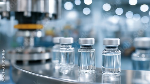 Aseptic filling line dispenses injectable medication into sterile vials under laminar flow, robotic capping system operating in pharmaceutical cleanroom environment, ideal for drug manufacturing