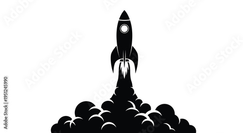 A sleek black rocket ship is depicted launching upwards with a trail of smoke and fire below high quality