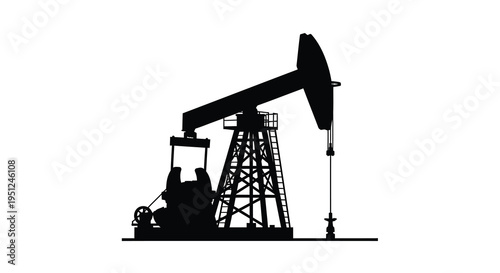 A striking silhouette of a classic oil pump rig against a stark white background representing energy extraction high quality