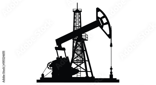 A striking black silhouette depicts a classic oil pump rig commonly known as a nodding donkey against a white background