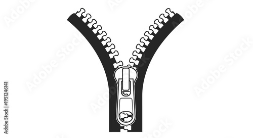 A stark black and white illustration depicts a partially unzipped zipper showcasing its mechanical components and design high quality professional detailed