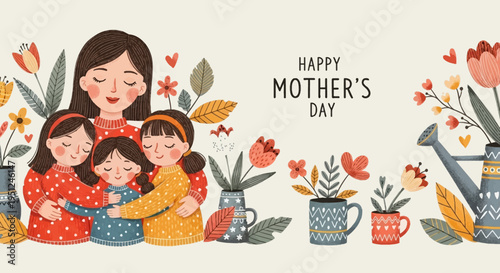 Happy Mother's Day Illustration with Mother Hugging Three Daughters, Floral Folk Art Banner Background with Flowers and Watering Can