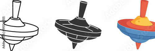 spinning top toy illustration set, classic children play object icons in outline silhouette and colorful style vector collection