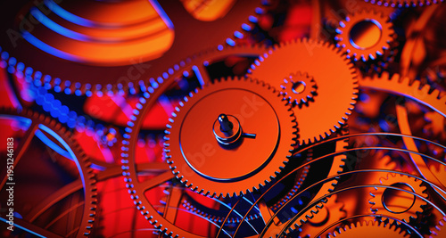 Quadro su tela Mechanical gears system with orange and blue lighting 3D illustration
