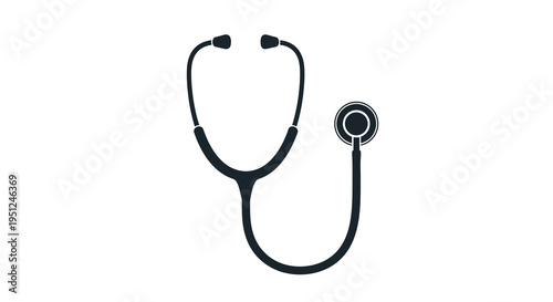 A simple black silhouette illustration depicts a classic medical stethoscope commonly used for auscultation by doctors high quality professional