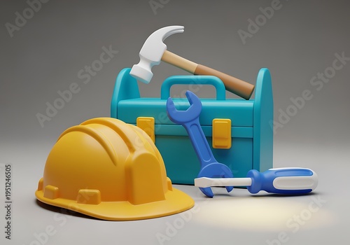 Colorful toy toolkit with safety helmet and tools on display
