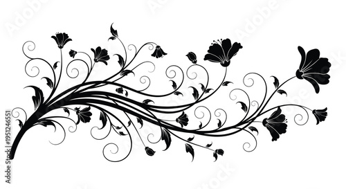 A flowing black floral design showcases delicate blooms and swirling vines creating an elegant decorative element high quality professional