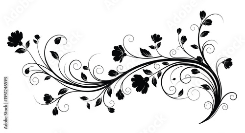 A flowing black silhouette depicts an ornate floral swirl with detailed leaves and blossoming flower shapes high quality professional