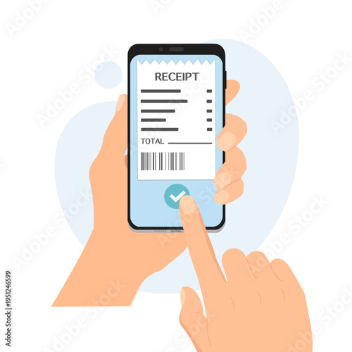 Hand holding smartphone with electronic digital receipt on screen. Mobile bill check