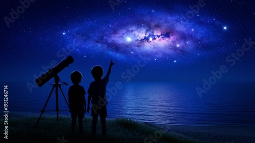 Two boys standing by a telescope on a grassy hill looking up at the stars and galaxy in the night sky