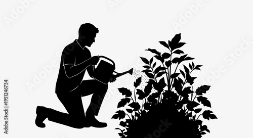 Man watering plant with a can.