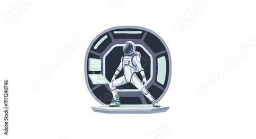 Astronaut in Space Suit Standing in Front of Round Doorway