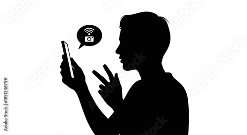 Silhouette of a person using smartphone with messaging icon.