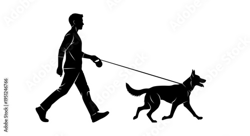 Silhouette of a person walking a dog on a leash outdoors.