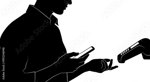 Man using mobile phone with payment terminal.