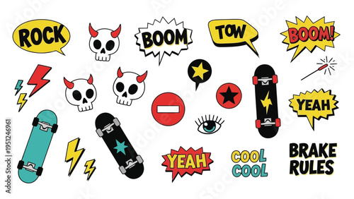 Colorful stickers featuring skulls skateboards comic speech bubbles and various rock themes