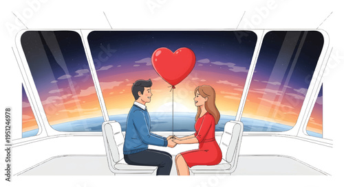 Couple on romantic airplane flight with heart balloon
