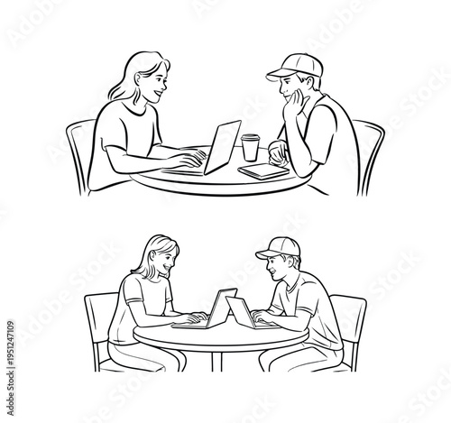 Couple studying or working together at cafe table using laptops teamwork and collaboration line art drawings