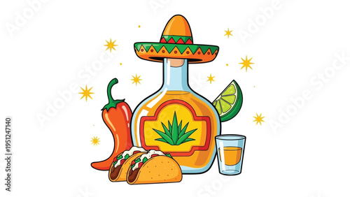 Festive tequila illustration featuring traditional mexican food and celebratory elements