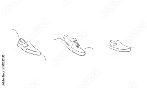 Continuous line drawing of three different casual shoes: slip-on, lace-up sneaker, and modern footwear illustration.
