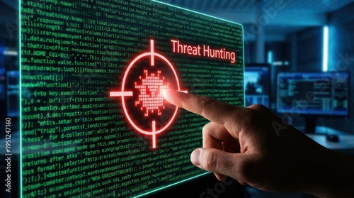 Cybersecurity expert threat hunting on digital screen with red targeting crosshair in dark office