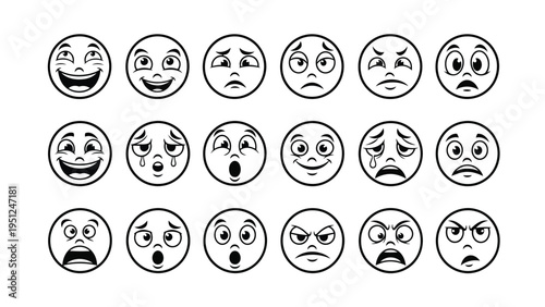 Collection of diverse black and white facial expressions depicting various emotions