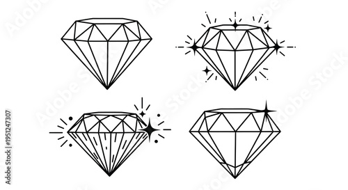 A minimalist illustration showcases four distinct diamond shapes each with varying facets and sparkling starburst effects high quality professional