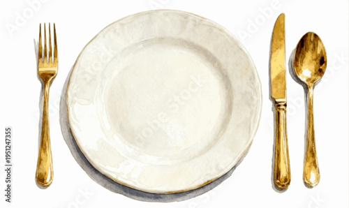 Gold Fork and Spoon Elegant Table Setting isolated watercolor vector illustration svg