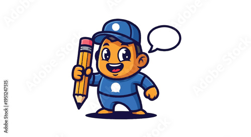 Cartoon character holding pencil and speech bubble illustration