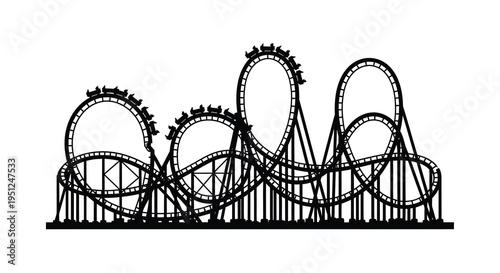 A striking black and white illustration depicts a complex looping rollercoaster track with several cars ascending high quality professional