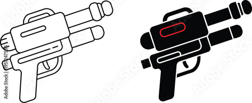 toy water gun icon illustration, playful blaster silhouette in outline and solid style, kids summer toy graphic vector