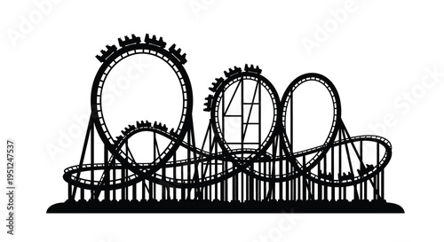A striking black and white illustration depicts a complex roller coaster structure with multiple loops and curves high quality