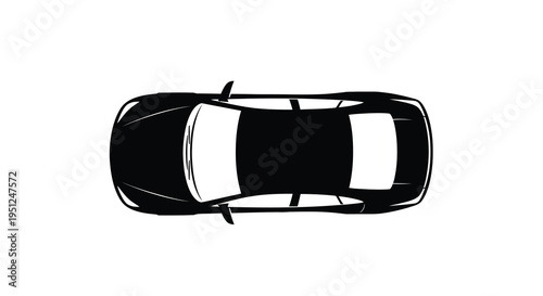 A stark black and white overhead view depicts a modern sports car with a sleek design and panoramic sunroof high quality