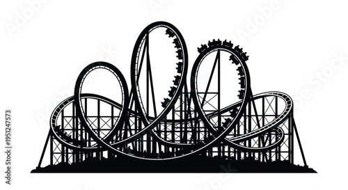 A striking black and white illustration depicts a complex and looping rollercoaster structure highlighting its thrilling design high quality