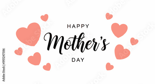 Happy Mother's Day Greeting Banner with Elegant Calligraphy and Pink Hearts on White Background