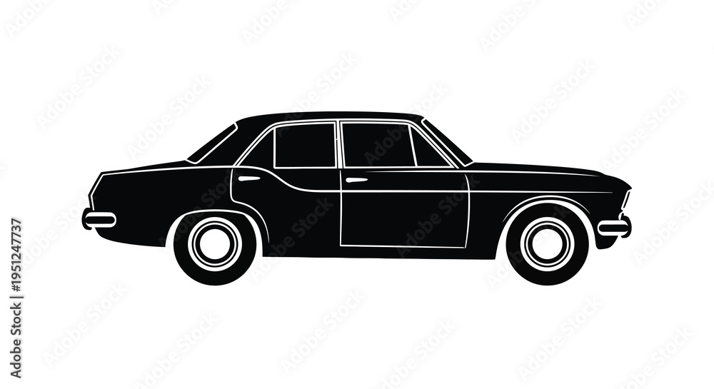 Obraz premium A stark black and white silhouette depicts a classic vintage sedan car viewed from its side profile high quality professional detailed