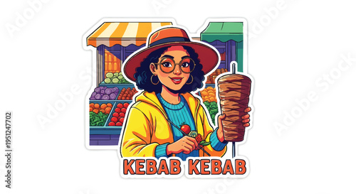 Kebab vendor cartoon character with skewered meat