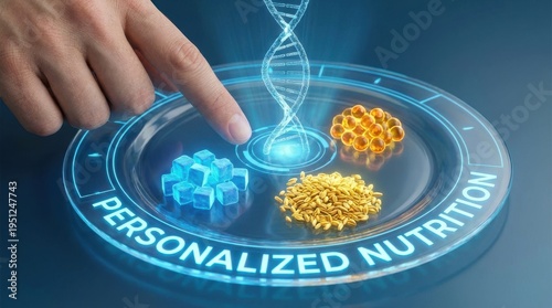 Hand touching DNA nutrition plate with personalized diet hologram and food icons